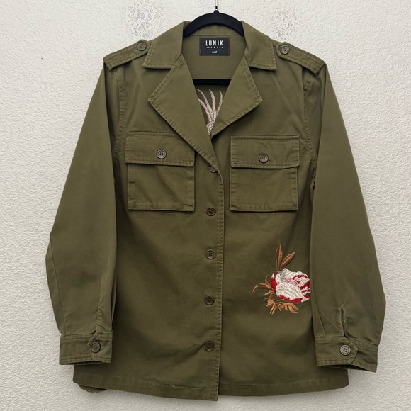 Lunik Embroidered Utility Jacket Button Front Pockets Green Size Small - Picture 2 of 12